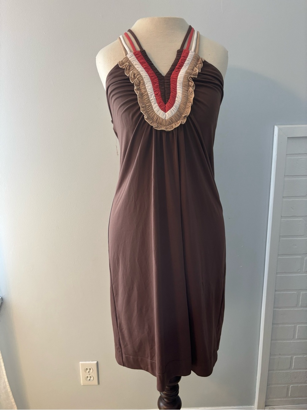 BCBGMaxAzria Brown Halter Mini Dress with Red and Cream Trim